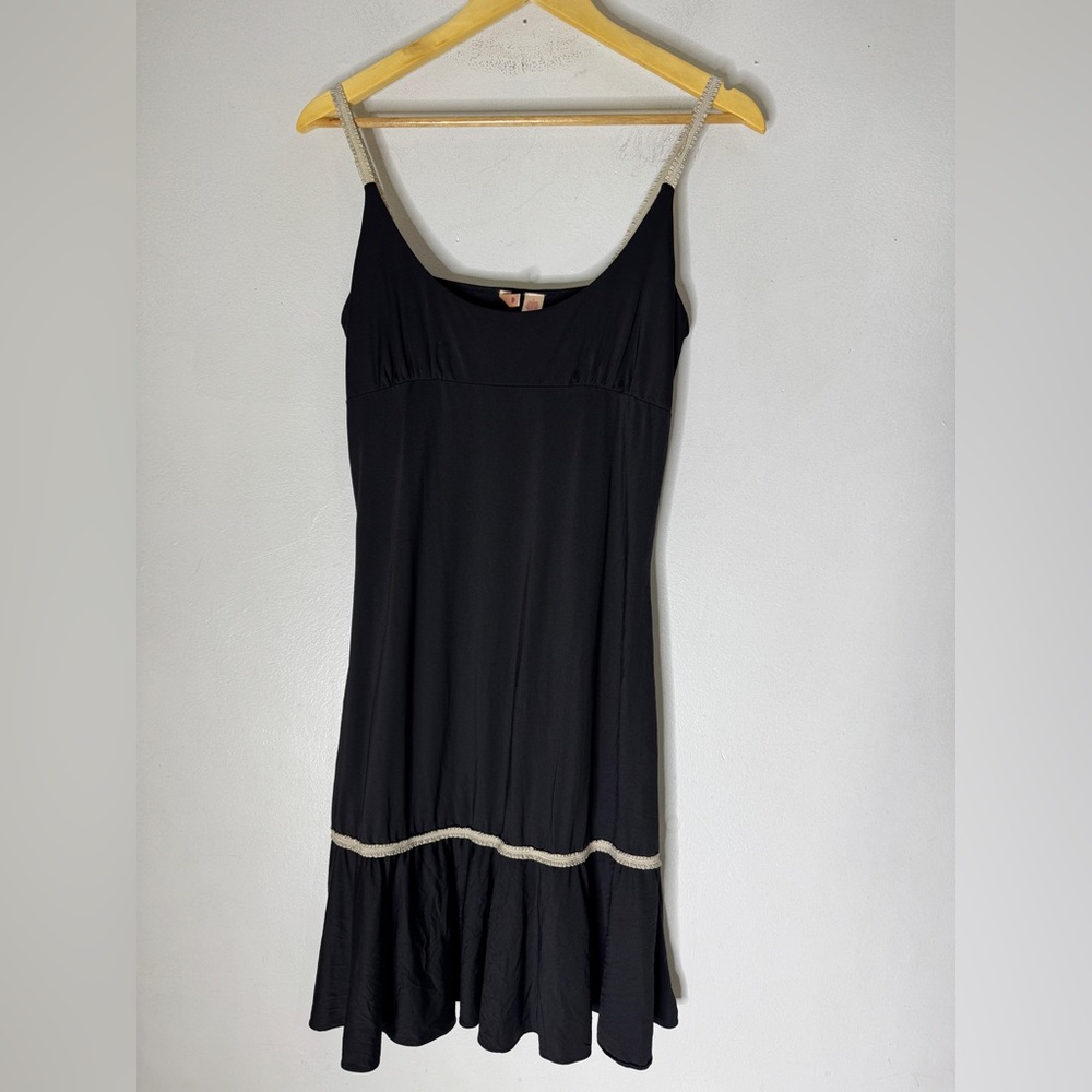 Elosie Black Nylon Slip Dress With Cream Trim‎ Detail Large